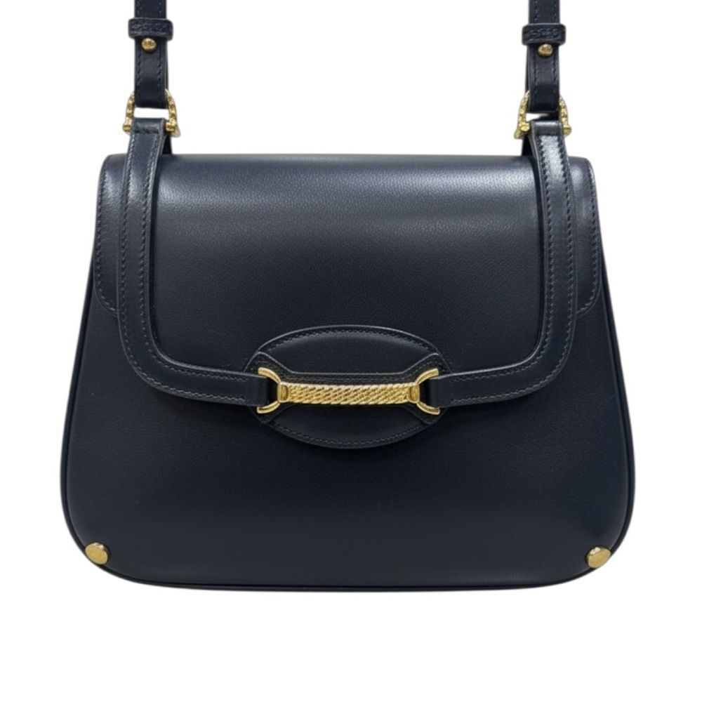 Old Gucci Vintage Dark Navy Polished Leather Horsebit Accent Shoulder Bag Auth